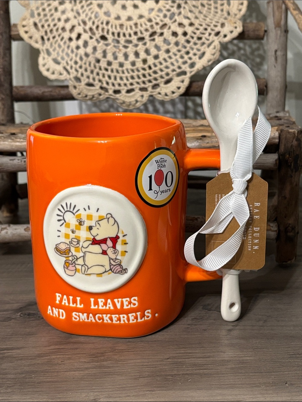 NWT DISNEY RAE DUNN WINNIE THE POOH PIGLET FALL LEAVES & SMACKERELS MUG & SPOON